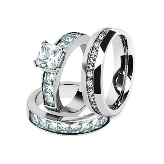 His & Hers Stainless Steel 3.75 Ct Cz Bridal Set & Men's Eternity Wedding Band Women's Women's Size 05 Men's 08mm Size 10