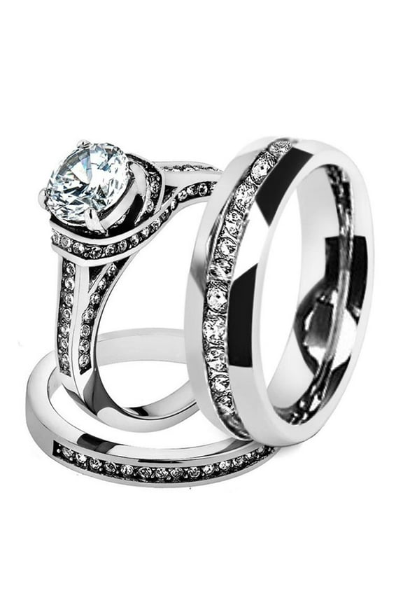 His & Hers Stainless Steel 3 Piece Cz Wedding Ring Set and Eternity Wedding Band Women's Size 07 Men's 08mm Size 10