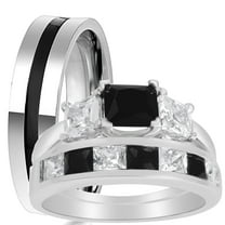 His Hers Sterling Black Simulated Diamond CZ Bridal Wedding Band Engagement Ring Set Men Women