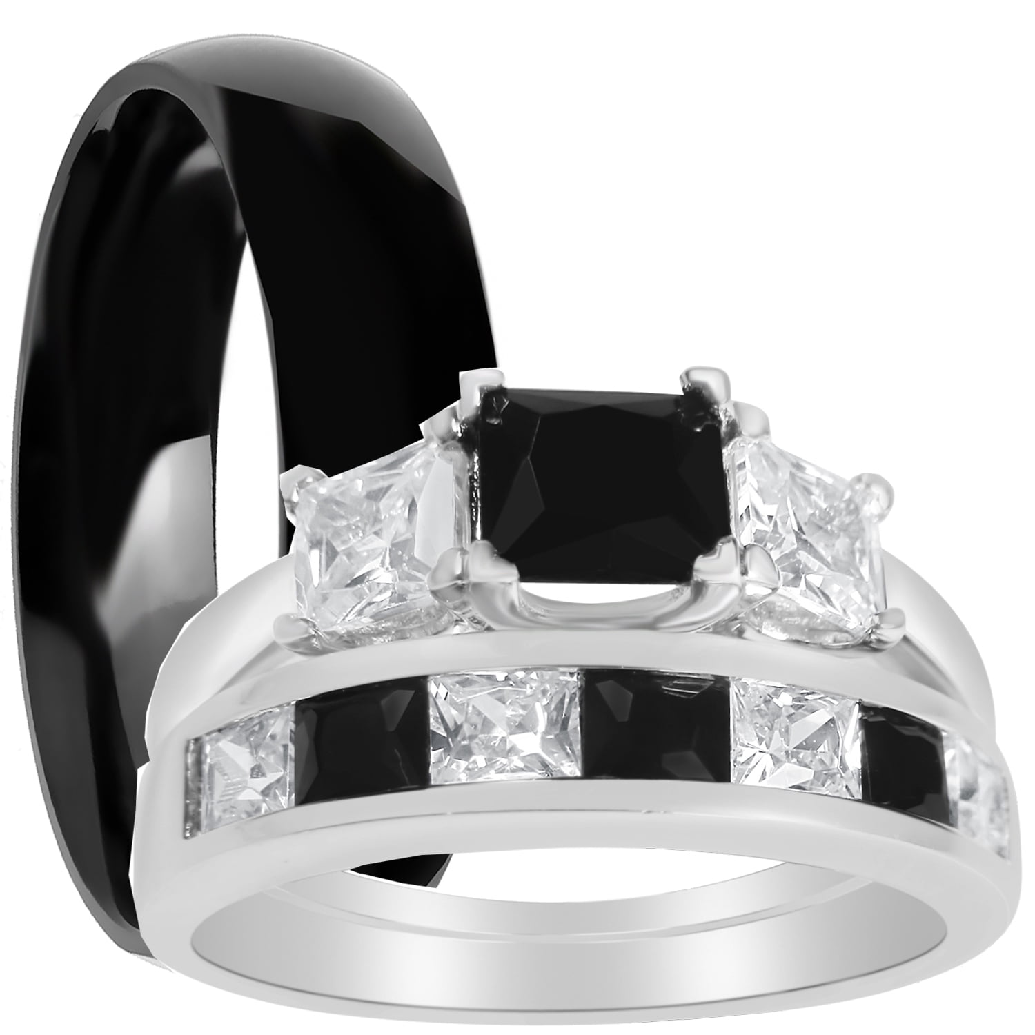 His Hers Sterling Black Simulated Diamond CZ Bridal Wedding Band