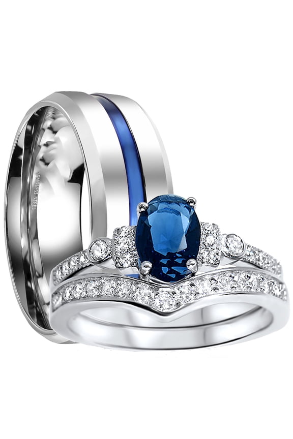 His Hers Sterling Blue Sapphire CZ Bridal Wedding Band Engagement Ring Set Him Her Thin Blue Line 9/7