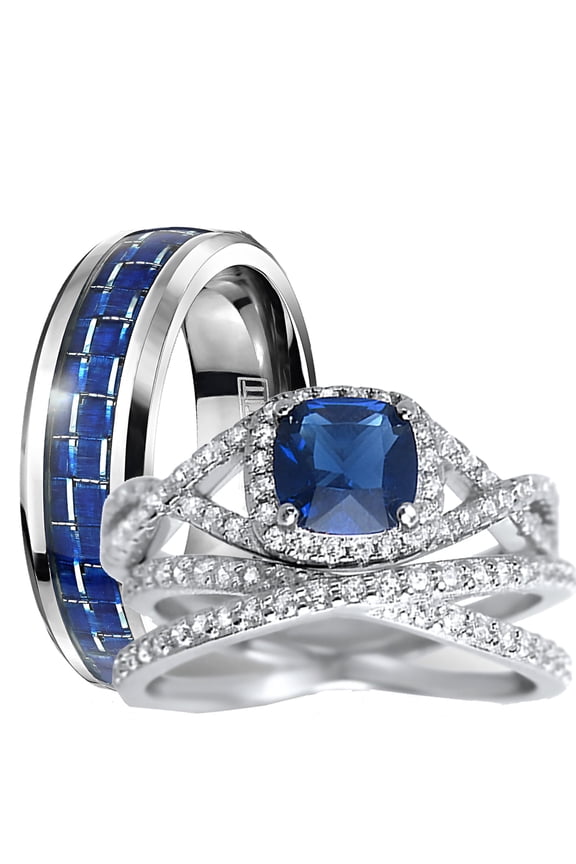 His Hers Sterling Infinity Silver CZ Bridal Wedding Band Engagement Ring Set Him Her Thin Blue Line 10/5