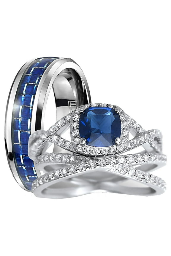His Hers Sterling Infinity Silver CZ Bridal Wedding Band Engagement Ring Set Him Her Thin Blue Line 10/7