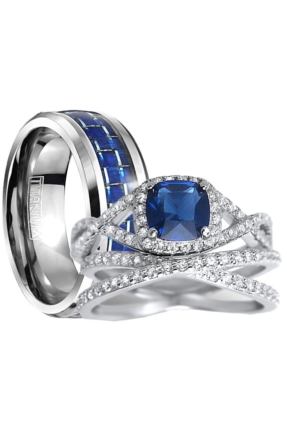 His Hers Sterling Infinity Silver CZ Bridal Wedding Band Engagement Ring Set Him Her Thin Blue Line 10/9