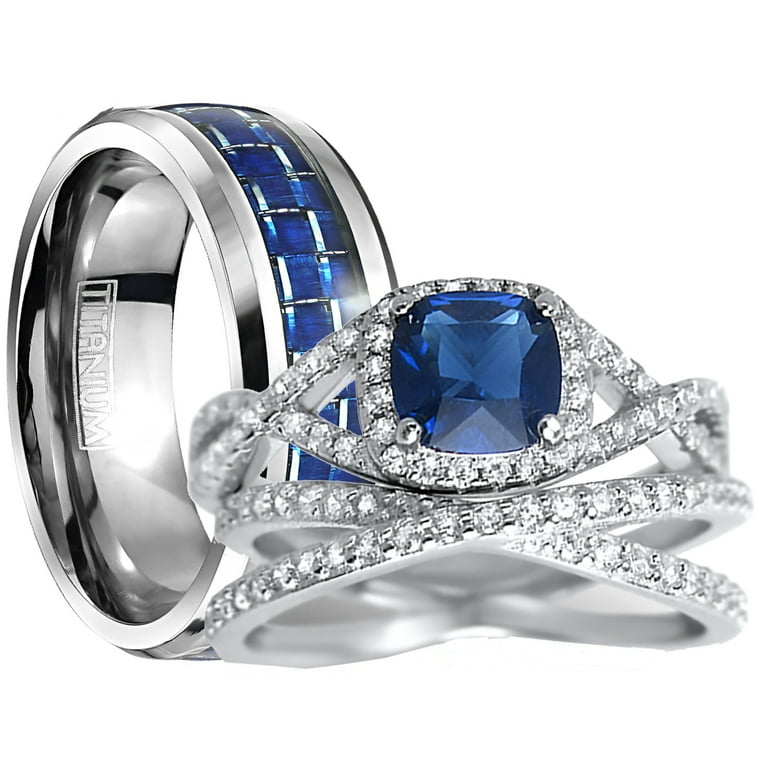 His Hers Sterling Infinity Silver CZ Bridal Wedding Band Engagement Ring Set Him Her Thin Blue Line 11 10