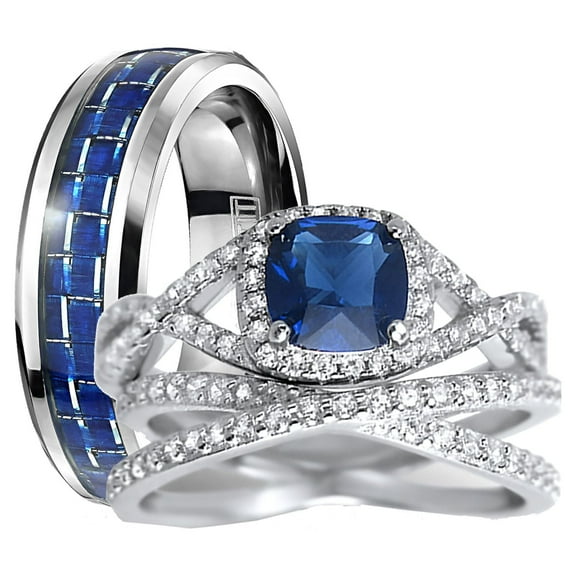His Hers Sterling Infinity Silver CZ Bridal Wedding Band Engagement Ring Set Him Her Thin Blue Line 11/7