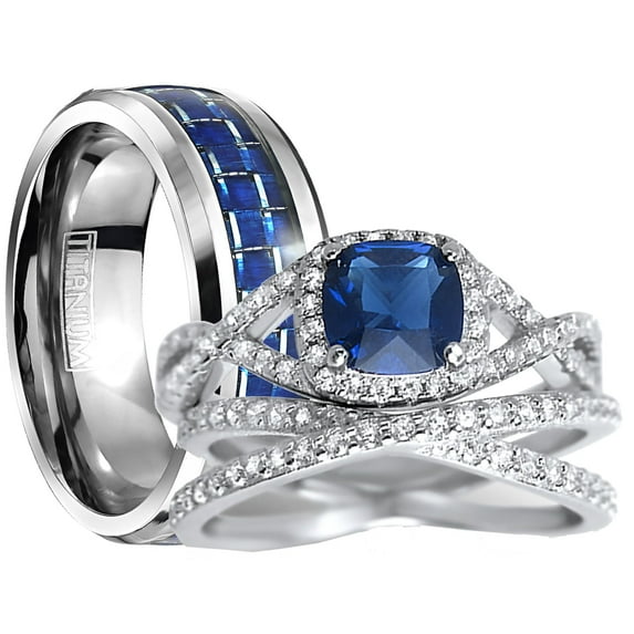 His Hers Sterling Infinity Silver CZ Bridal Wedding Band Engagement Ring Set Him Her Thin Blue Line 13/10
