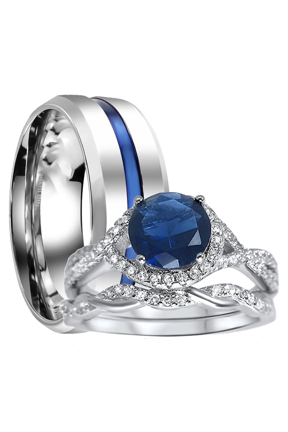 His Hers Sterling Infinity Silver CZ Bridal Wedding Band Engagement Ring Set Him Her Thin Blue Line 13/5