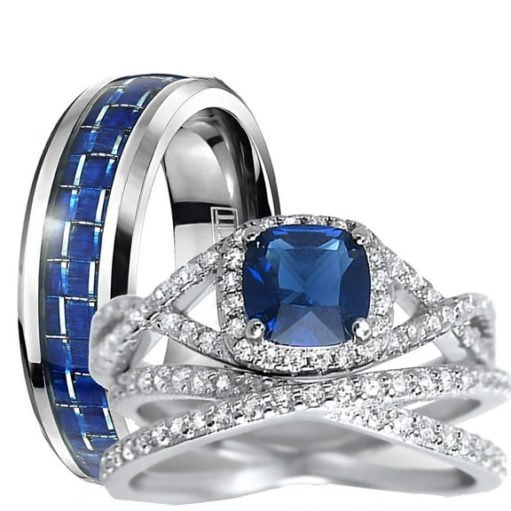 His Hers Sterling Infinity Silver CZ Bridal Wedding Band Engagement Ring Set Him Her Thin Blue Line 13/8