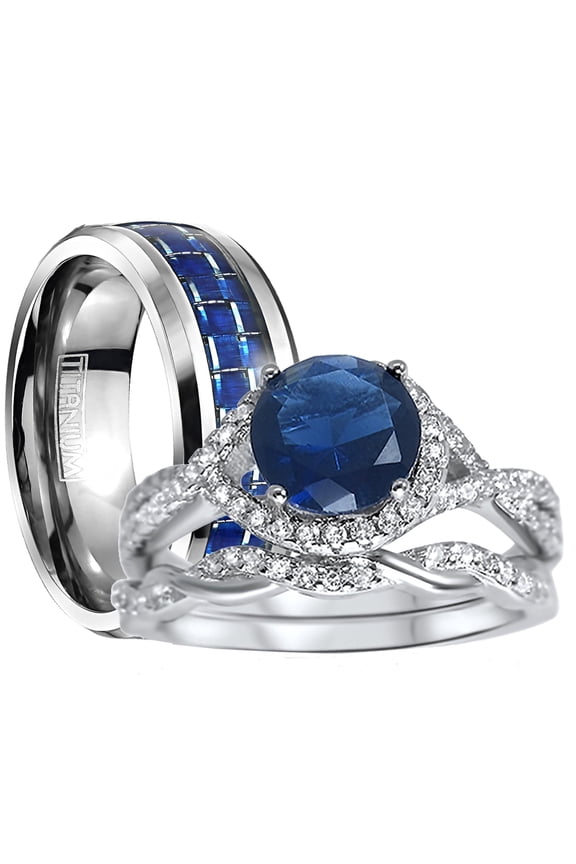 His Hers Sterling Infinity Silver CZ Bridal Wedding Band Engagement Ring Set Him Her Thin Blue Line 6/9
