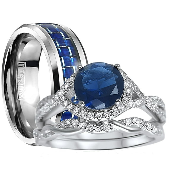 His Hers Sterling Infinity Silver CZ Bridal Wedding Band Engagement Ring Set Him Her Thin Blue Line 9/11