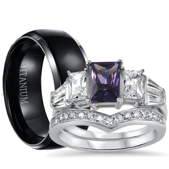His Hers Sterling Silver Amethyst CZ Bridal Titanium Wedding Band Engagement Ring Set (10/9)