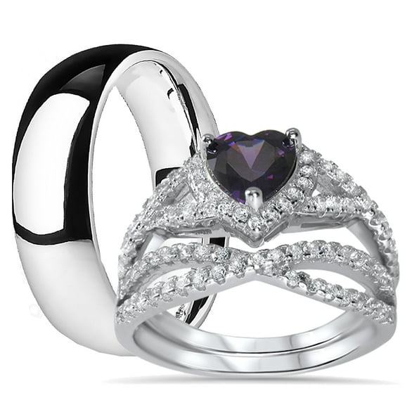 His Hers Sterling Silver Amethyst CZ Bridal Titanium Wedding Band Engagement Ring Set (5/10)
