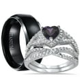 thumbnail image 1 of His Hers Sterling Silver Amethyst CZ Bridal Titanium Wedding Band Engagement Ring Set (5/12), 1 of 7