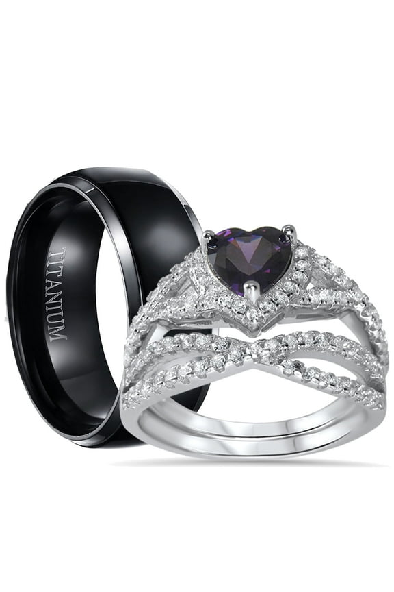 His Hers Sterling Silver Amethyst CZ Bridal Titanium Wedding Band Engagement Ring Set (5/12)