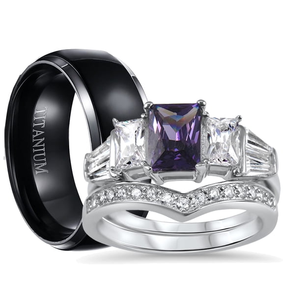 His Hers Sterling Silver Amethyst CZ Bridal Titanium Wedding Band Engagement Ring Set (6/7)