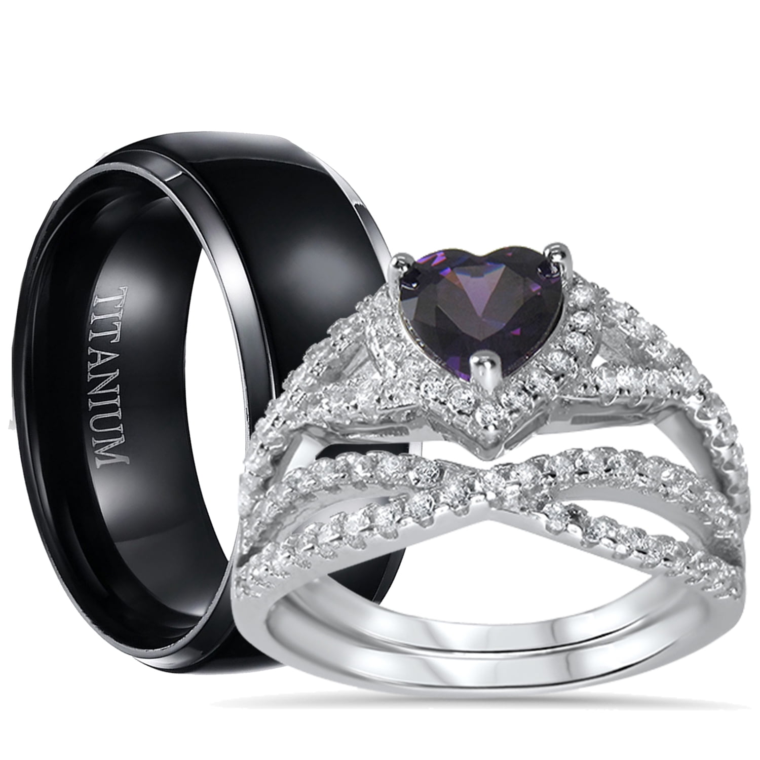 His Hers Sterling Silver Amethyst CZ Bridal Titanium Wedding Band His Hers Sterling Silver Amethyst CZ Bridal Titanium Wedding Band