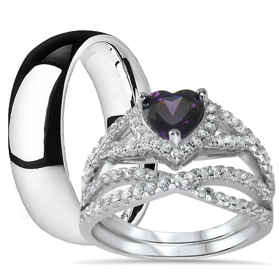His Hers Sterling Silver Amethyst CZ Bridal Titanium Wedding Band Engagement Ring Set (7/13)