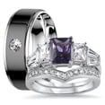 thumbnail image 1 of His Hers Sterling Silver Amethyst CZ Bridal Titanium Wedding Band Engagement Ring Set (8/9), 1 of 7
