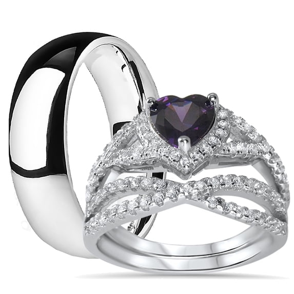 His Hers Sterling Silver Amethyst CZ Bridal Titanium Wedding Band Engagement Ring Set (8/11)