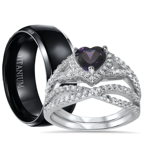 His Hers Sterling Silver Amethyst CZ Bridal Titanium Wedding Band Engagement Ring Set (8/7)