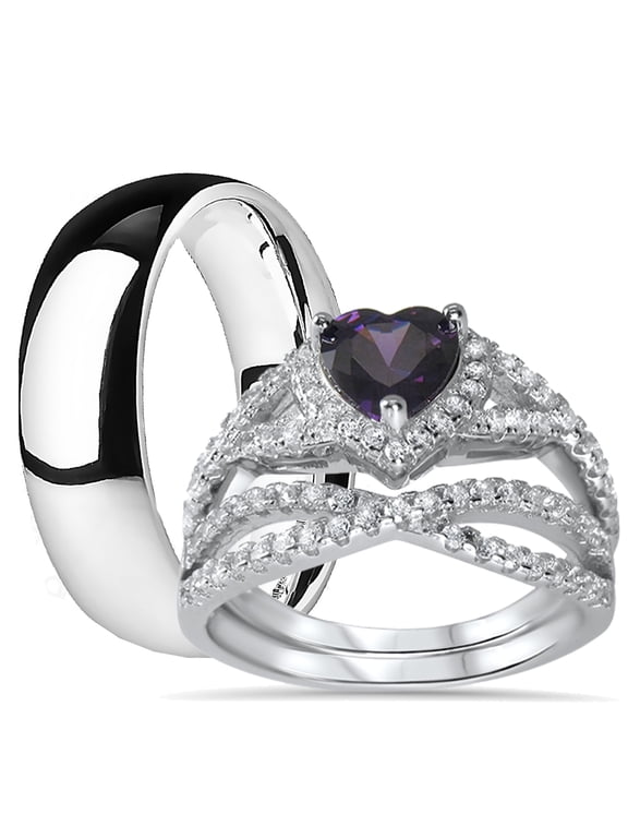 His Hers Sterling Silver Amethyst CZ Bridal Titanium Wedding Band Engagement Ring Set (8/8)