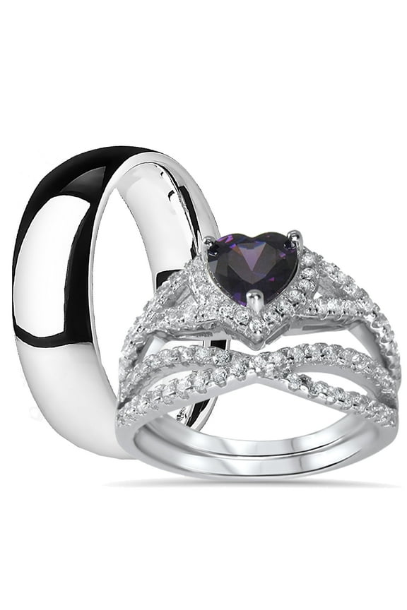 His Hers Sterling Silver Amethyst CZ Bridal Titanium Wedding Band Engagement Ring Set (8/8)