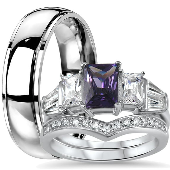 His Hers Sterling Silver Amethyst CZ Bridal Titanium Wedding Band Engagement Ring Set (8/9)