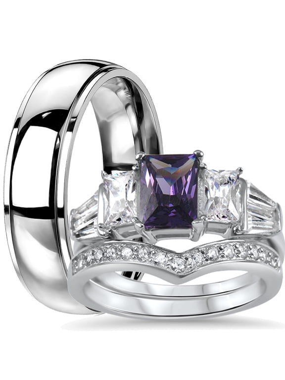 His Hers Sterling Silver Amethyst CZ Bridal Titanium Wedding Band Engagement Ring Set (9/10)