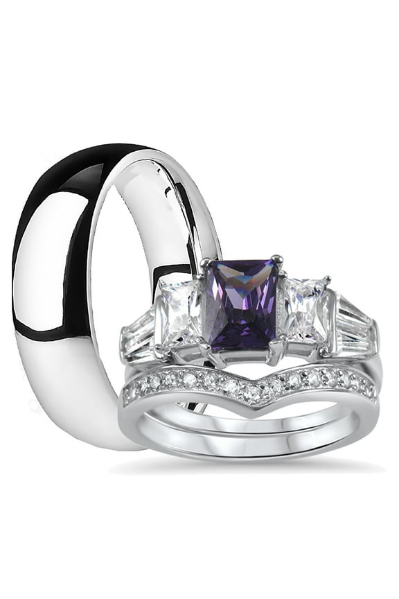 His Hers Sterling Silver Amethyst CZ Bridal Titanium Wedding Band Engagement Ring Set (9/9)