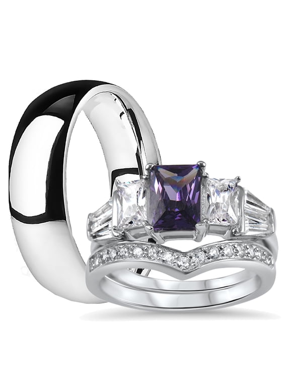 His Hers Sterling Silver Amethyst CZ Bridal Titanium Wedding Band Engagement Ring Set (9/9)