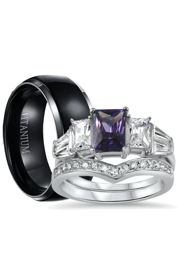 His Hers Sterling Silver Amethyst CZ Bridal Titanium Wedding Band Engagement Ring Set