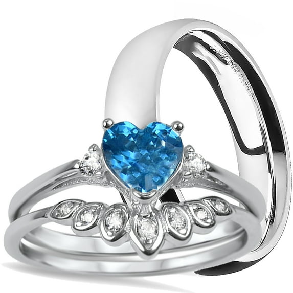 His Hers Sterling Silver CZ Heart Bridal Wedding Band Engagement Ring Set Him Her March Birthstone (7/9)