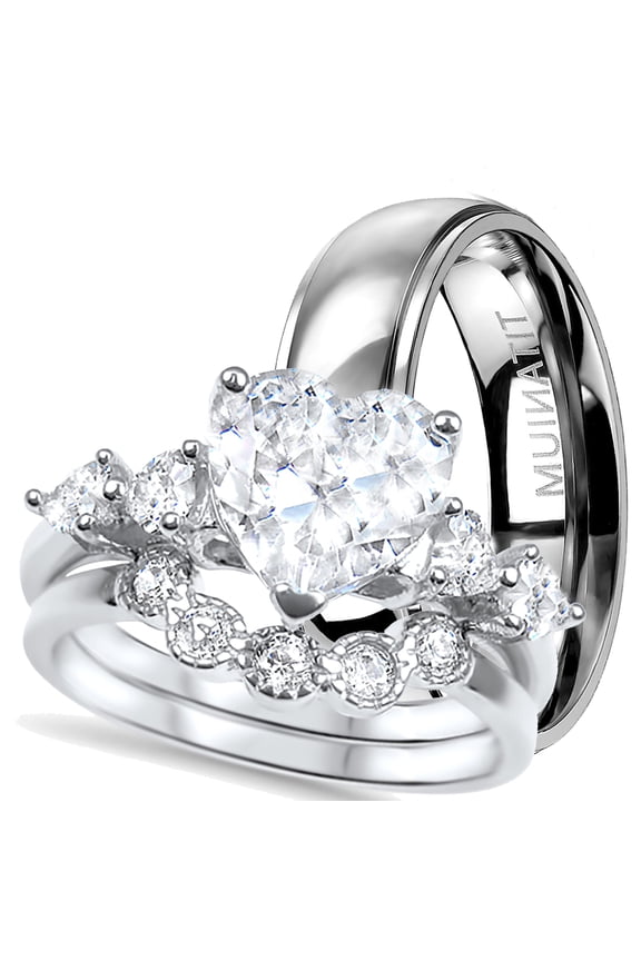 His Hers Sterling Silver CZ Heart Bridal Wedding Band Engagement Ring Set Him Titanium Her (5/12)