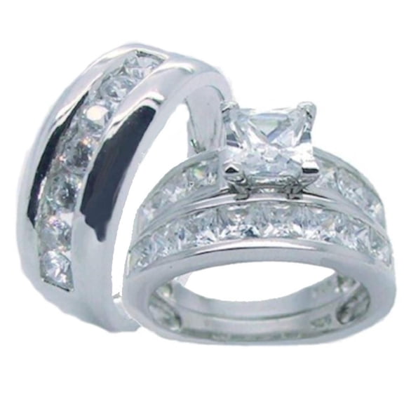 His Hers Sterling Silver Princess Cut Cz Wedding Ring Set