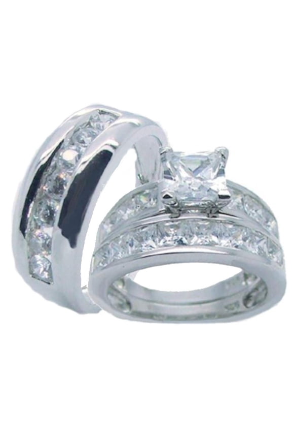 His Hers Sterling Silver Princess Cut Cz Wedding Ring Set