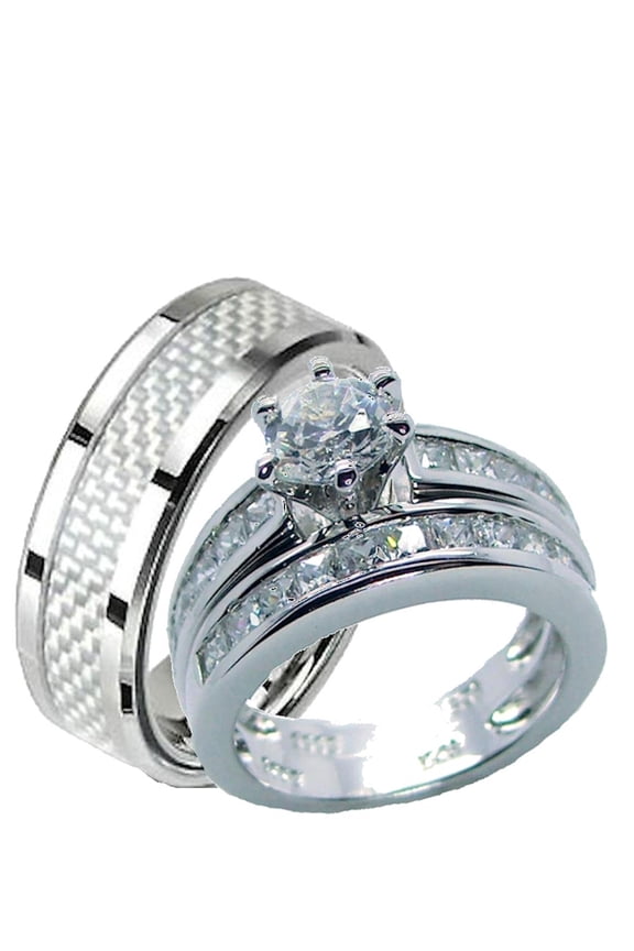 His Hers Sterling Silver and Stainless Steel Wedding Set