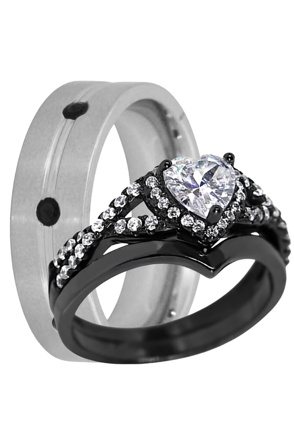His Her Gothic Unique Black Wedding Ring Set Women Men Bride Groom 11/11