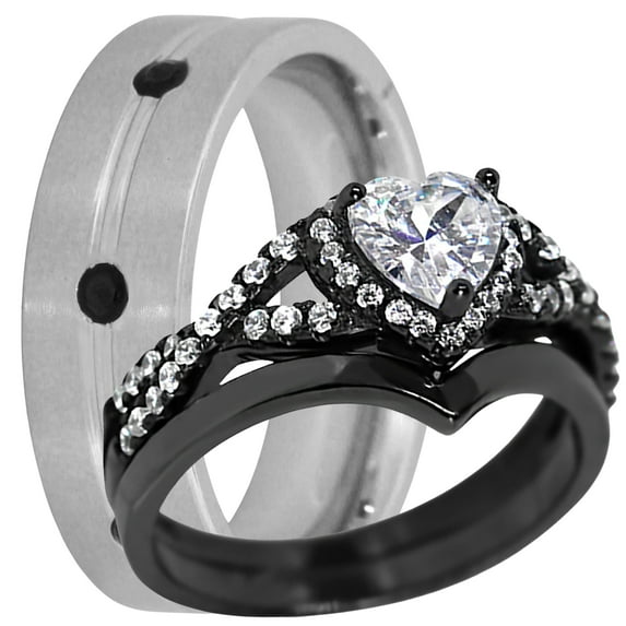 LaRaso & Co His Her Gothic Unique Black Wedding Ring Set Women Men Bride Groom 8/9