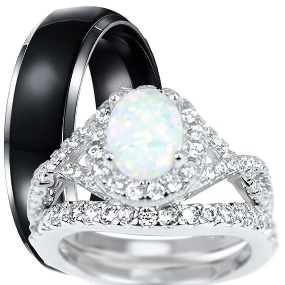 LaRaso & Co His & Her Wedding Engagement Ring Set Halo Solitaire Opal Silver Black Titanium Unique Vintage 7/10
