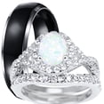 thumbnail image 1 of LaRaso & Co His & Her Wedding Engagement Ring Set Halo Solitaire Opal Silver Black Titanium Unique Vintage 8/9, 1 of 6
