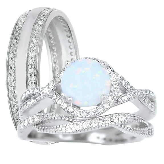 His Hers TRIO Wedding Set Sterling Silver Wedding Rings White Opal Bridal Set Him Her 5/9