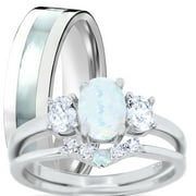 LARASO & CO His Hers TRIO Wedding Set Sterling Silver Wedding Rings White Opal Bridal Set Him Her 5/9