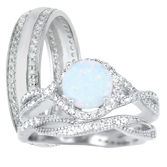 His Hers TRIO Wedding Set Sterling Silver Wedding Rings White Opal Bridal Set Him Her 6/9