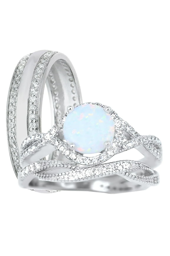 His Hers TRIO Wedding Set Sterling Silver Wedding Rings White Opal Bridal Set Him Her 7/8