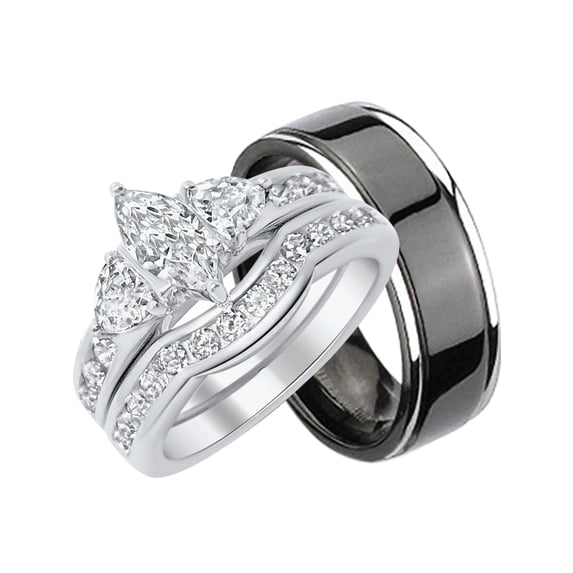 His Hers Trio Wedding Ring Set Sterling Matching Titanium Bands for Him Sterling Silver for Her 14/11