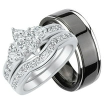 His Hers Trio Wedding Ring Set Sterling Matching Titanium Bands for Him Sterling Silver for Her 8/5