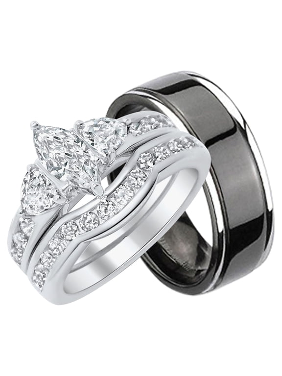 His Hers Trio Wedding Ring Set Sterling Matching Titanium Bands for Him Sterling Silver for Her 8/5