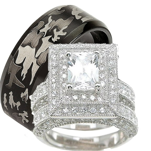 His Hers Trio Wedding Set Matching Wedding Bands for Him Size 10 and Her Size 8