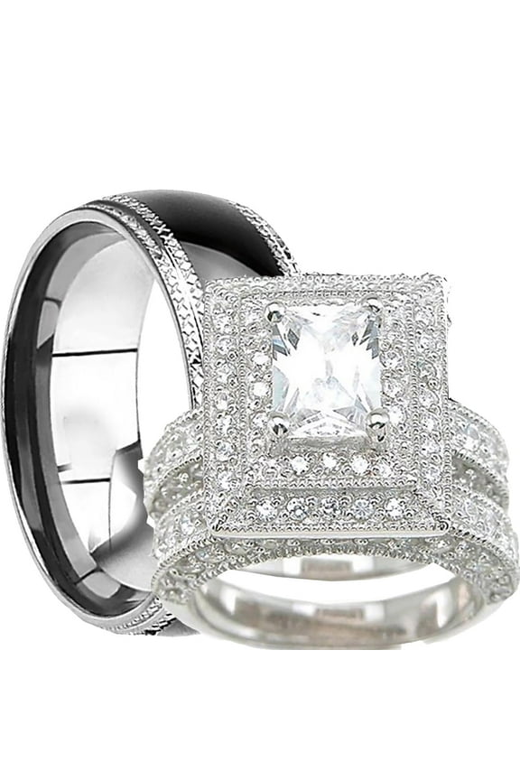 His Hers Trio Wedding Set Matching Wedding Bands for Him Size 11 and Her Size 6